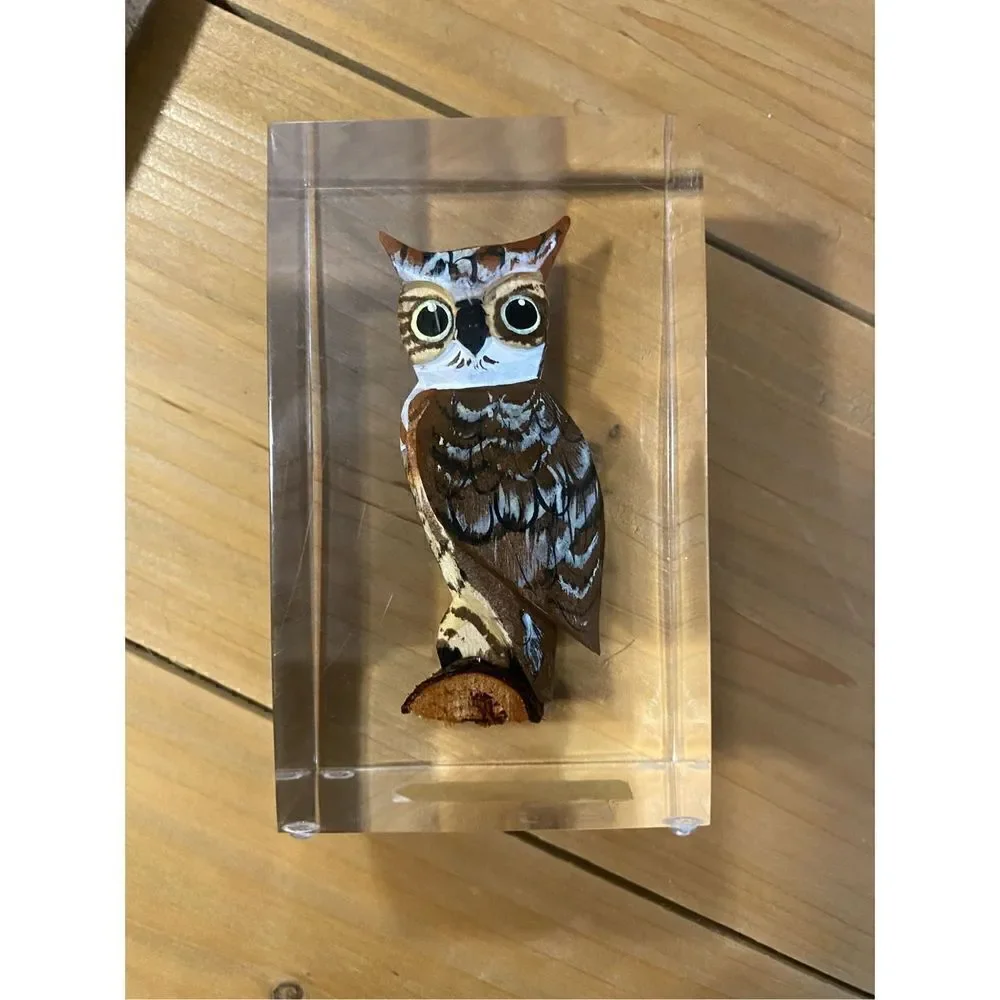 Vintage handcarved wooden horned owl paperweight